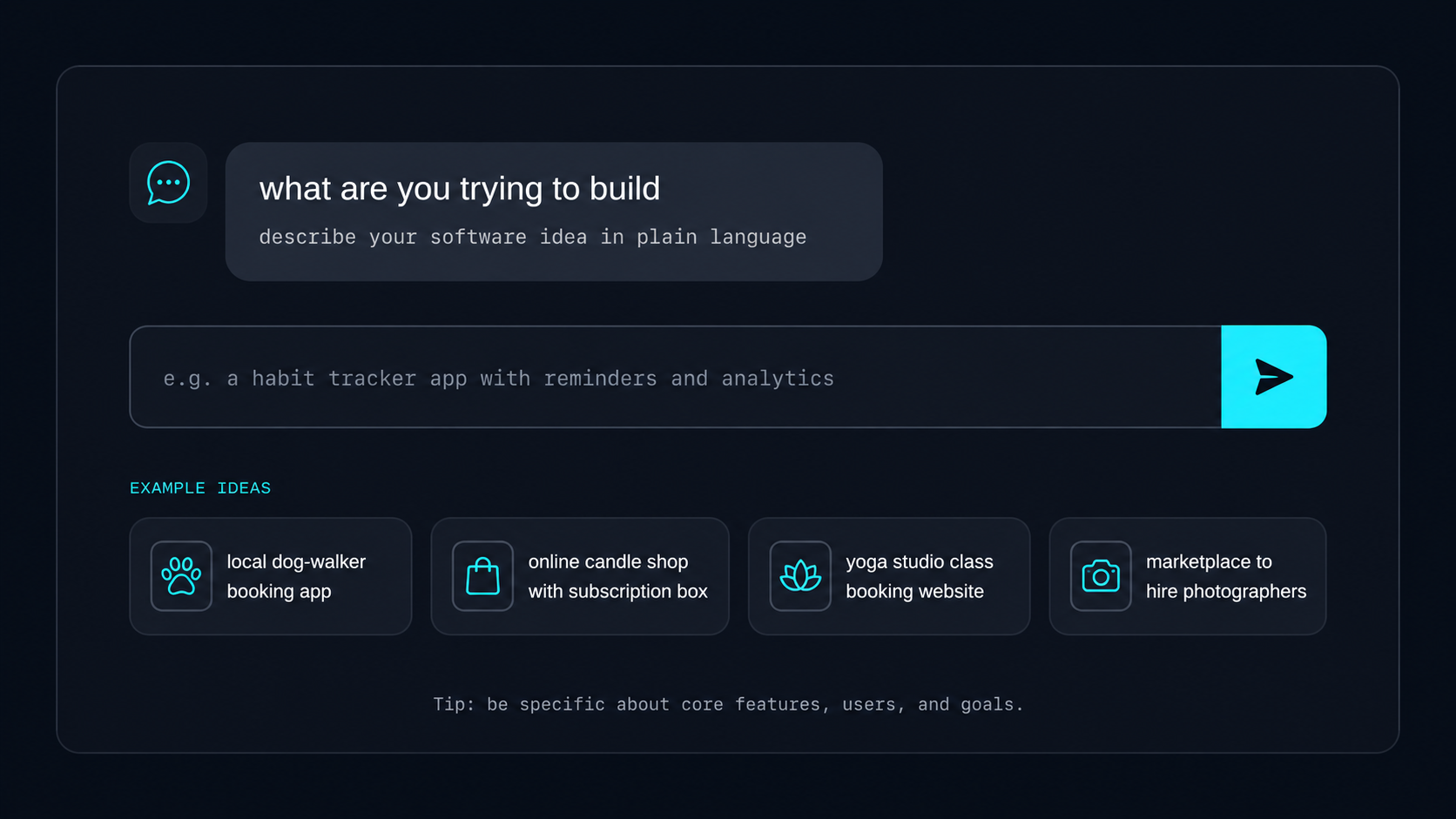 Plain-language idea intake chat panel