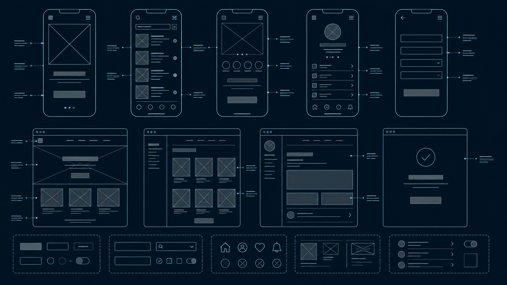 Per-page low-fidelity wireframes